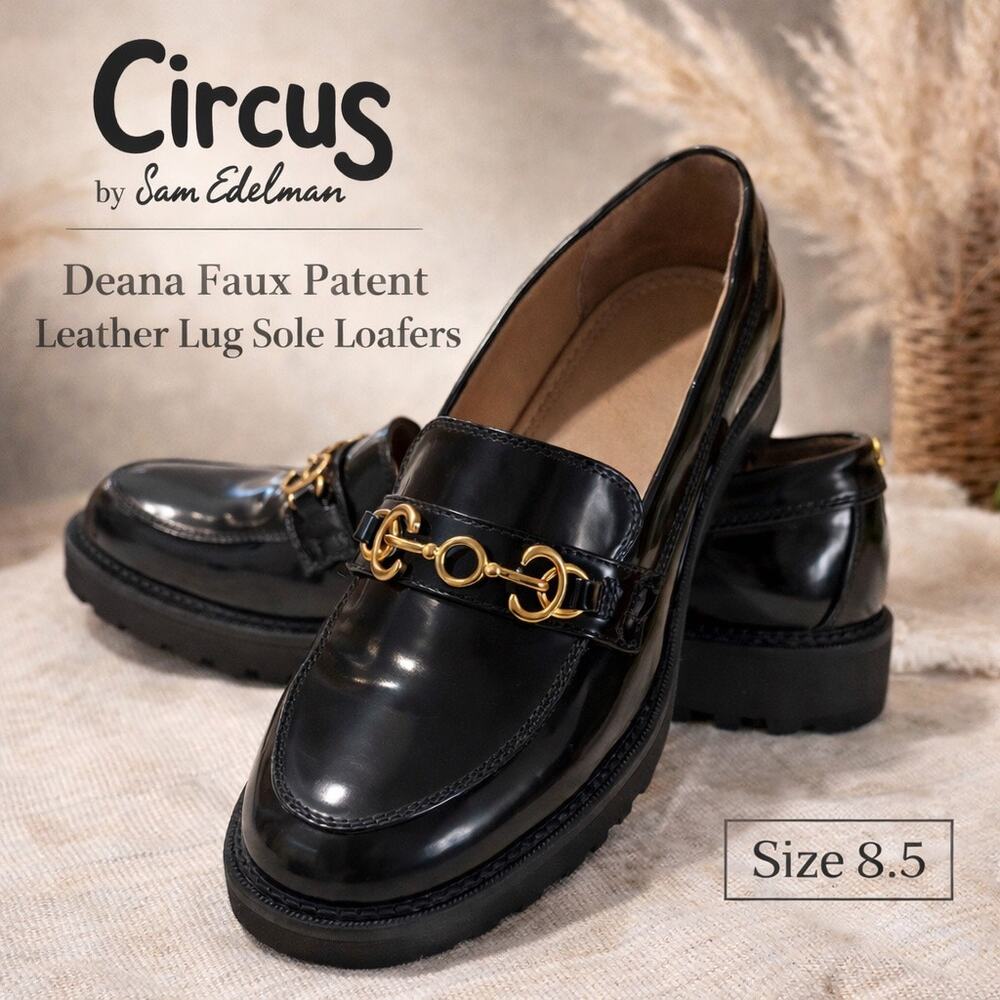Circus by Sam Edelman Deana Black Faux Patent Leather Lug Sole Loafers Size 8.5